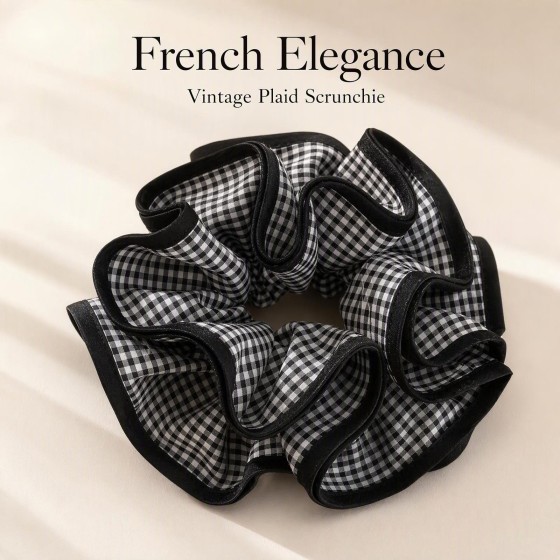 Oversized Black & White Mini Plaid Fabric Scrunchie with Black Trim