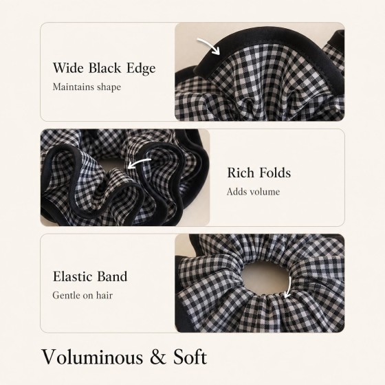 Oversized Black & White Mini Plaid Fabric Scrunchie with Black Trim