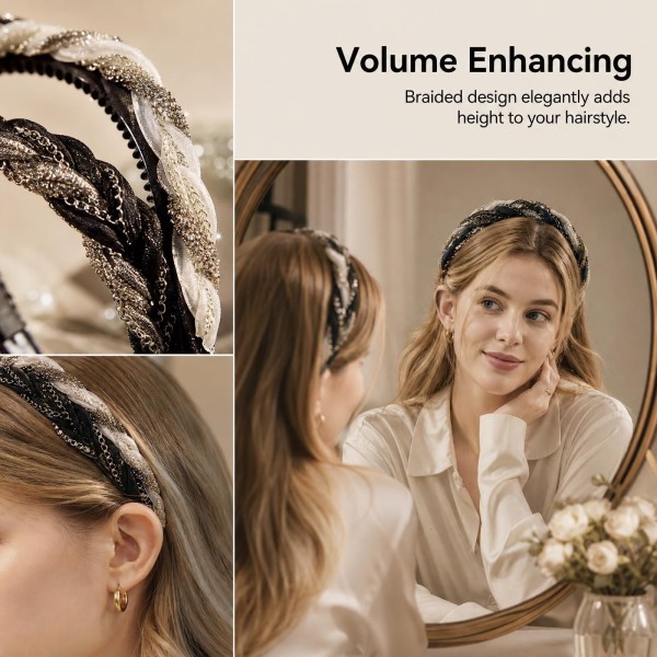 Luxe Rhinestone Braided Headband, Non-Slip Toothed Hair Band for Fine Flat Hair