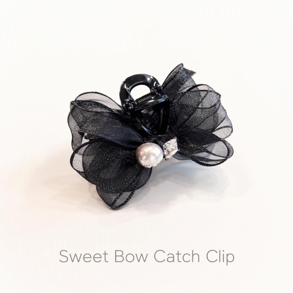 Black Sparkly Mesh Bow Faux Pearl Mini Hair Claw Clip, Non-Slip Tiny Hair Grab for Stray Hair