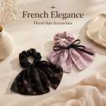 Floral Ribbon Bow Scrunchies, Chiffon Satin Hair Ties for Women Long Hair