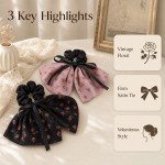 Floral Ribbon Bow Scrunchies, Chiffon Satin Hair Ties for Women Long Hair