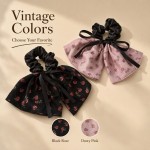 Floral Ribbon Bow Scrunchies, Chiffon Satin Hair Ties for Women Long Hair