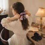 Floral Ribbon Bow Scrunchies, Chiffon Satin Hair Ties for Women Long Hair