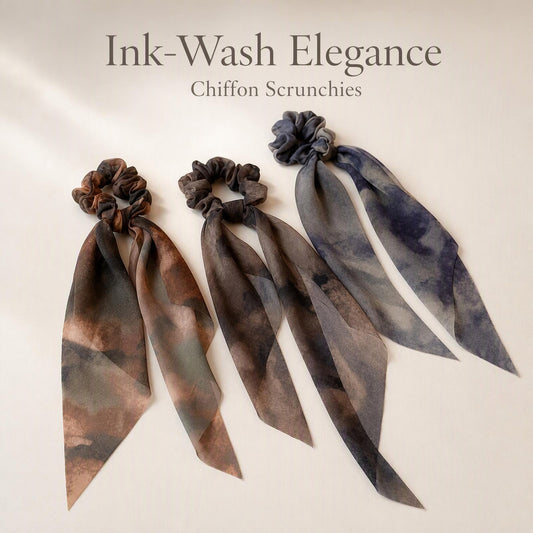 Ink Wash Chiffon Ribbon Scrunchies, Non-Slip Soft Hair Ties for Women