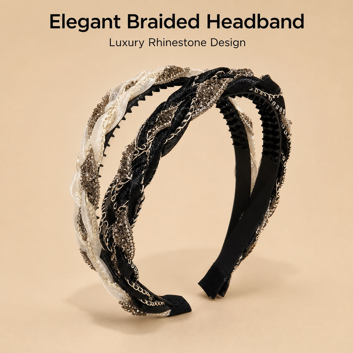 Luxe Rhinestone Braided Headband, Non-Slip Toothed Hair Band for Fine Flat Hair