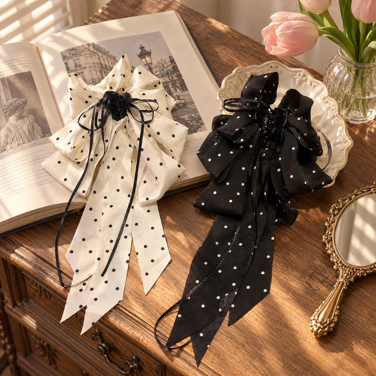 Polka Dot Long Ribbon Bow Shark Hair Claw Clip, Satin Non-slip Hair Accessory