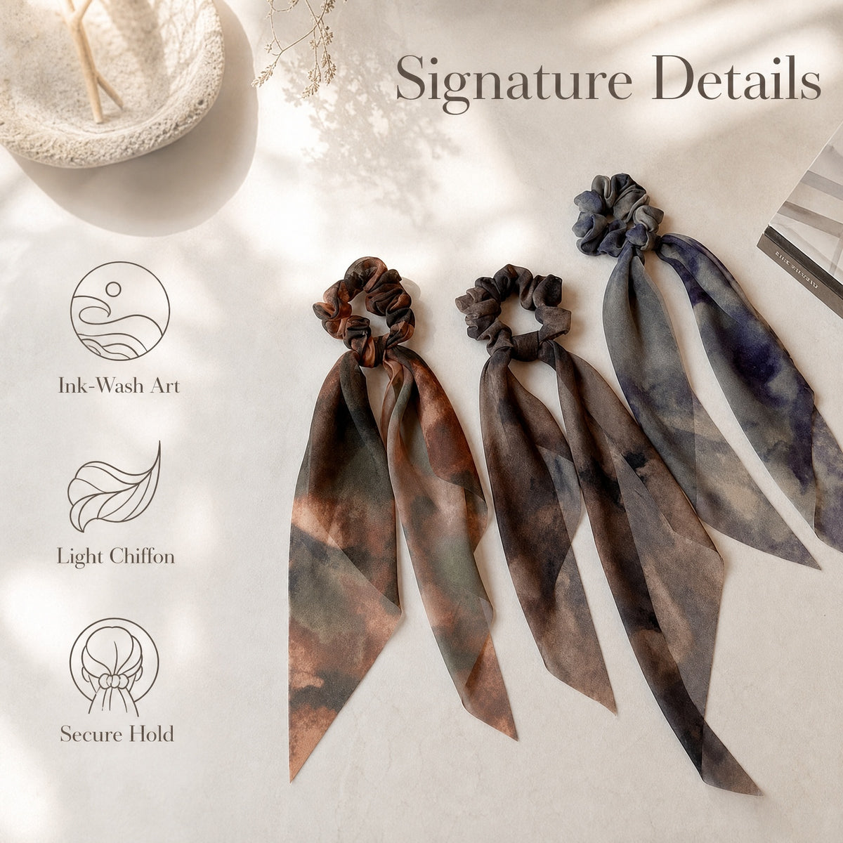Ink Wash Chiffon Ribbon Scrunchies, Non-Slip Soft Hair Ties for Women