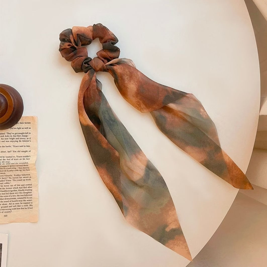 Ink Wash Chiffon Ribbon Scrunchies, Non-Slip Soft Hair Ties for Women