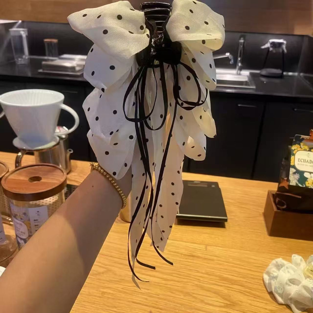 Polka Dot Long Ribbon Bow Shark Hair Claw Clip, Satin Non-slip Hair Accessory