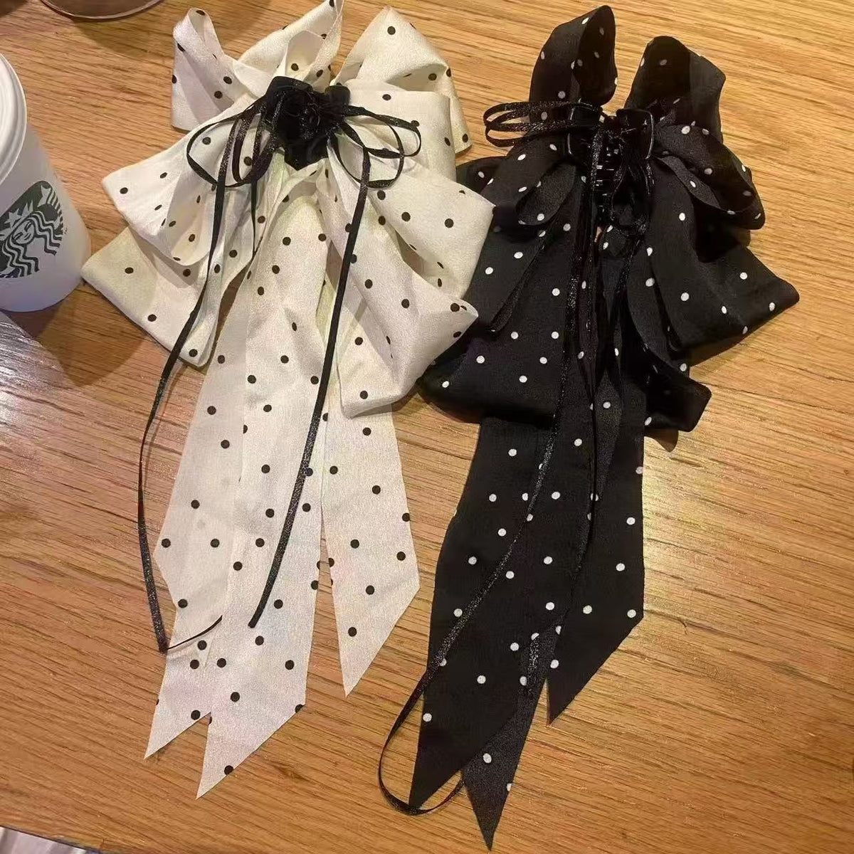 Polka Dot Long Ribbon Bow Shark Hair Claw Clip, Satin Non-slip Hair Accessory