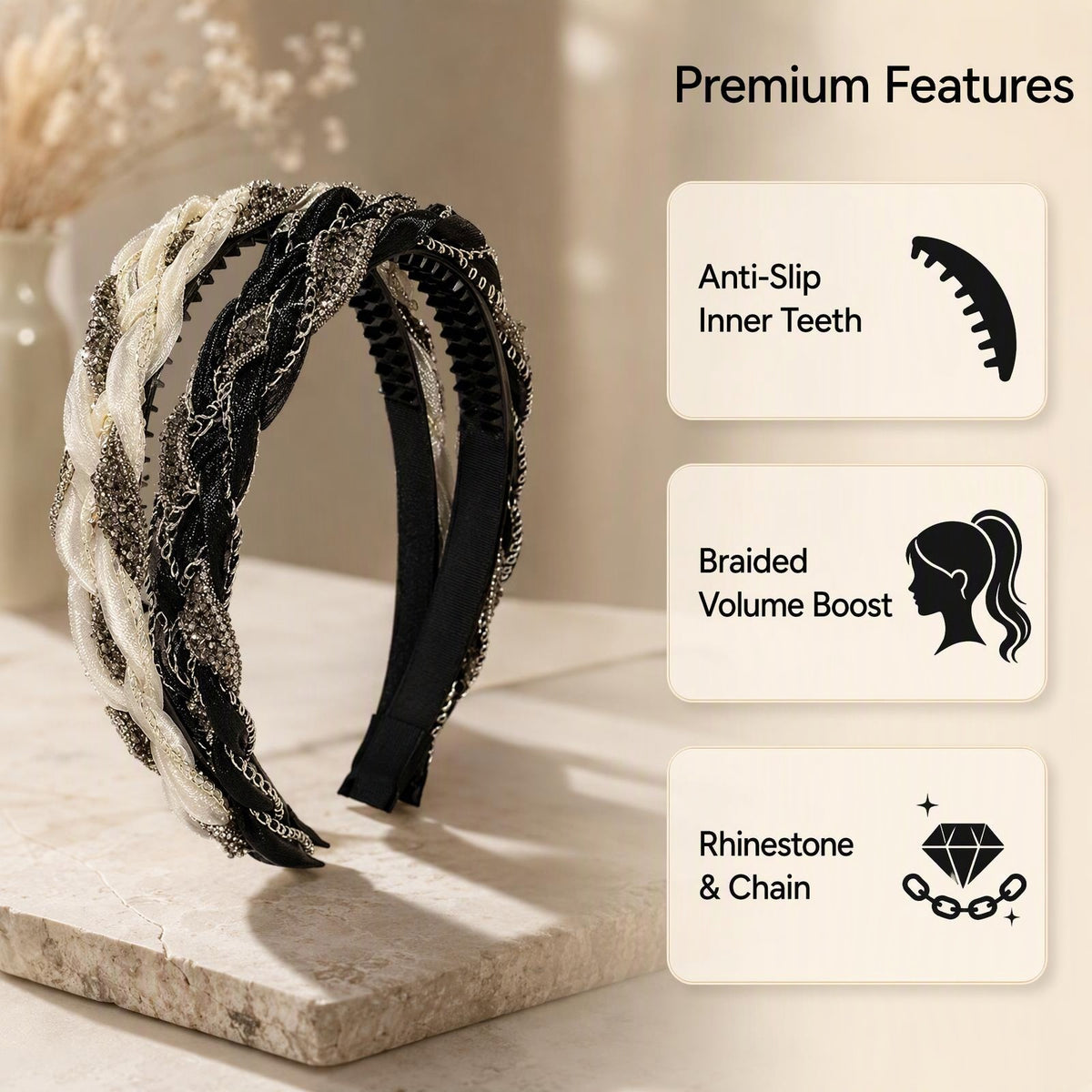 Luxe Rhinestone Braided Headband, Non-Slip Toothed Hair Band for Fine Flat Hair