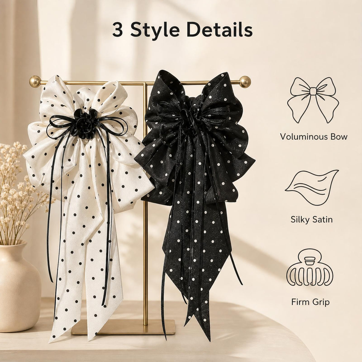 Polka Dot Long Ribbon Bow Shark Hair Claw Clip, Satin Non-slip Hair Accessory