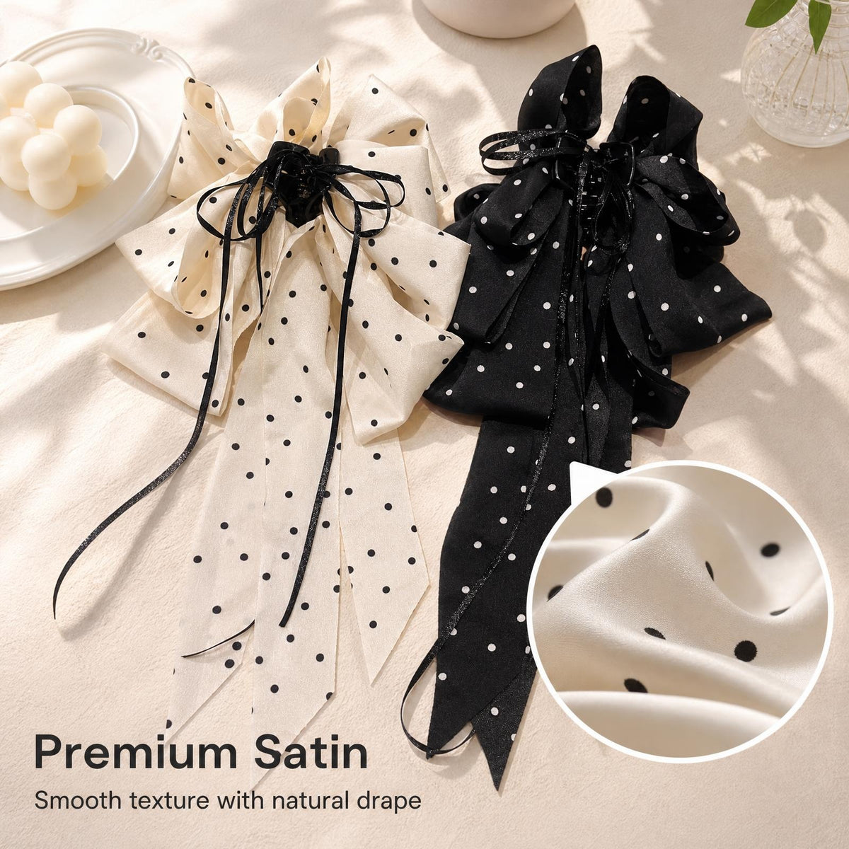 Polka Dot Long Ribbon Bow Shark Hair Claw Clip, Satin Non-slip Hair Accessory