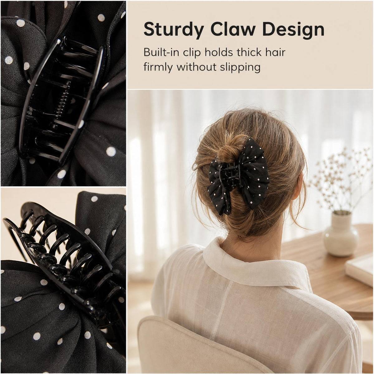Polka Dot Long Ribbon Bow Shark Hair Claw Clip, Satin Non-slip Hair Accessory