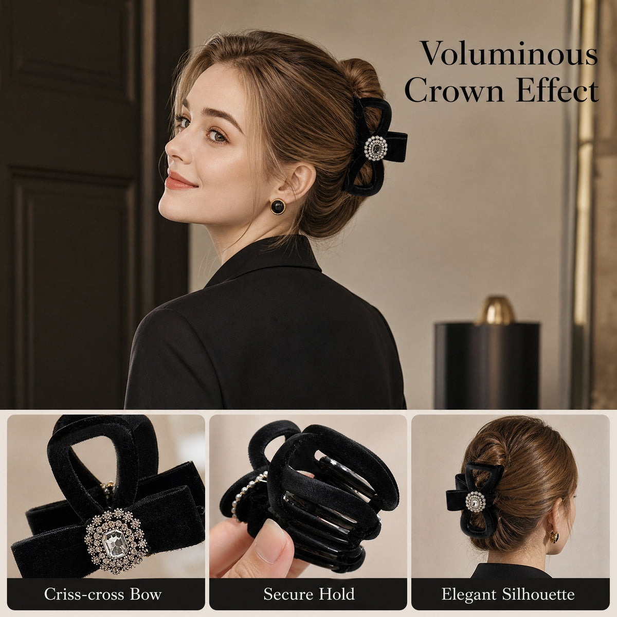 Black Velvet Rhinestone Bow Hair Claw Clip, Non-slip Hair Grab for Women