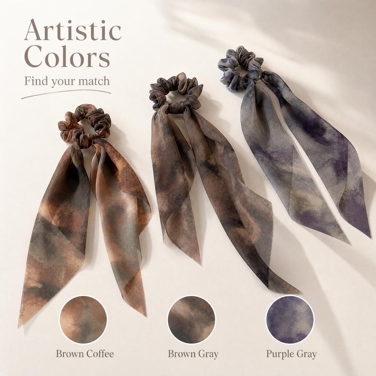 Ink Wash Chiffon Ribbon Scrunchies, Non-Slip Soft Hair Ties for Women