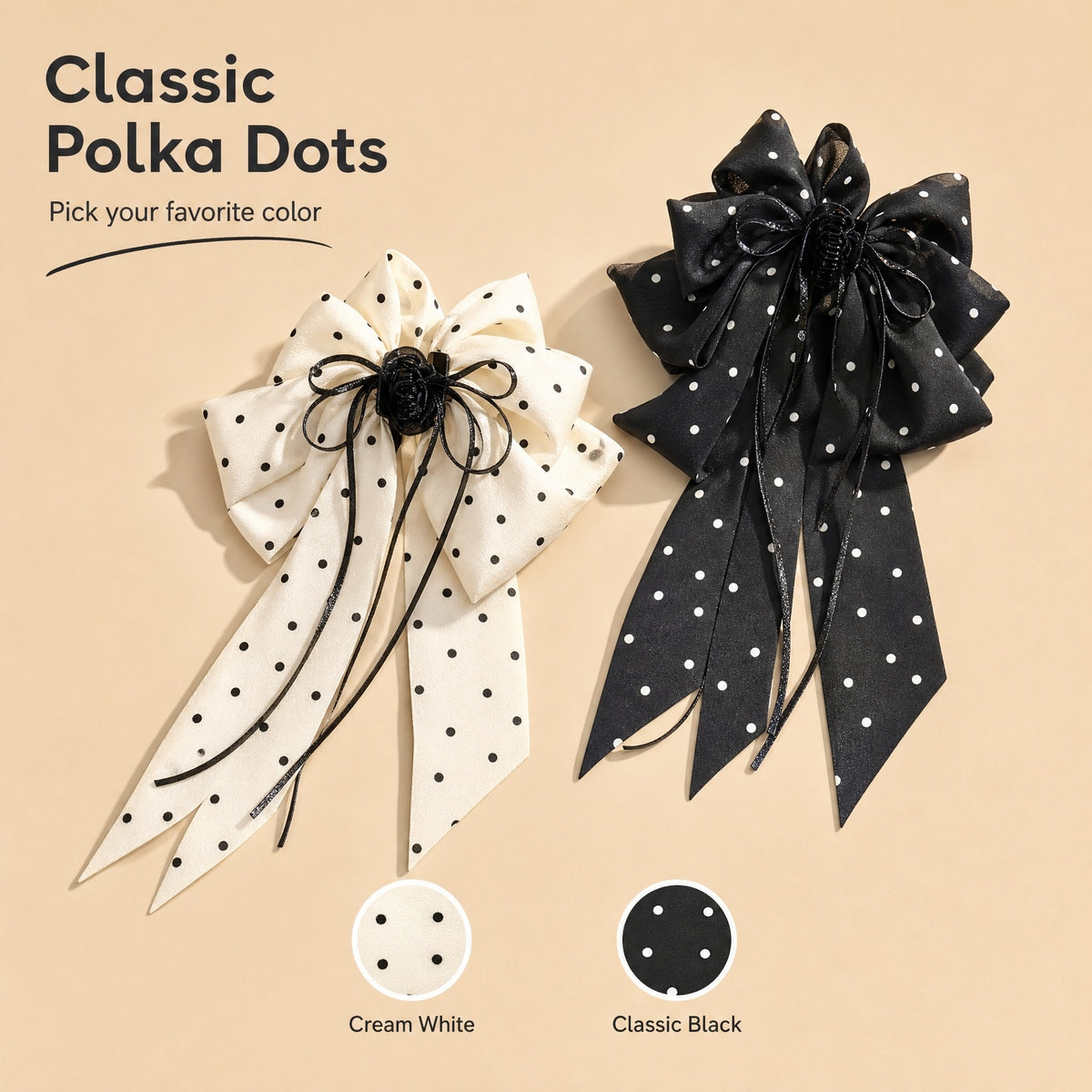 Polka Dot Long Ribbon Bow Shark Hair Claw Clip, Satin Non-slip Hair Accessory