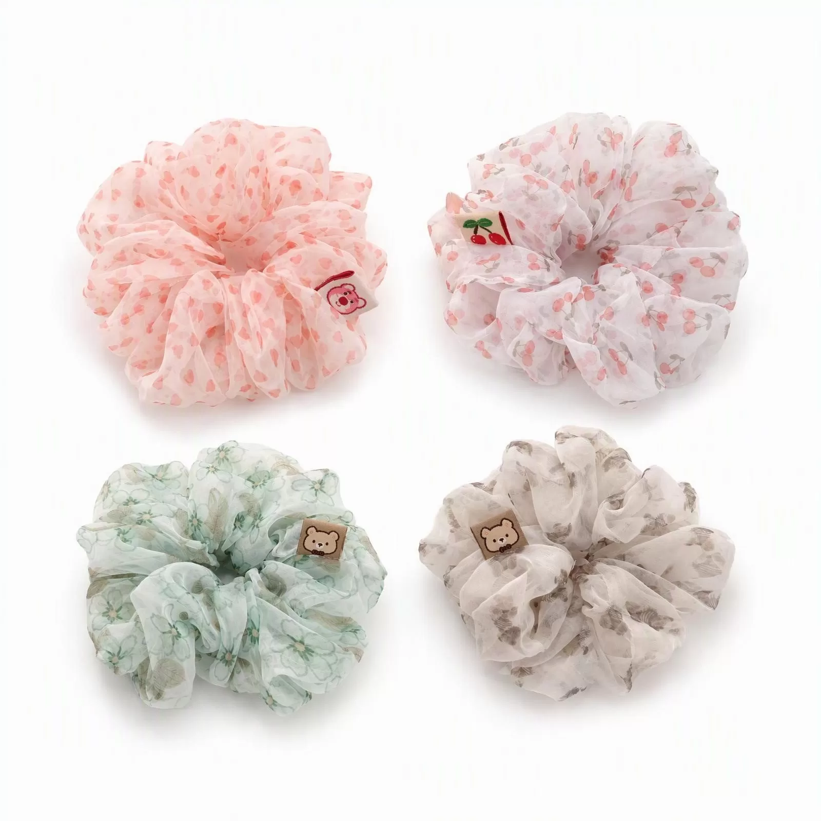 4 Pcs Cartoon Organza Scrunchies, Cute Printed Elastic Hair Ties for Women Girls